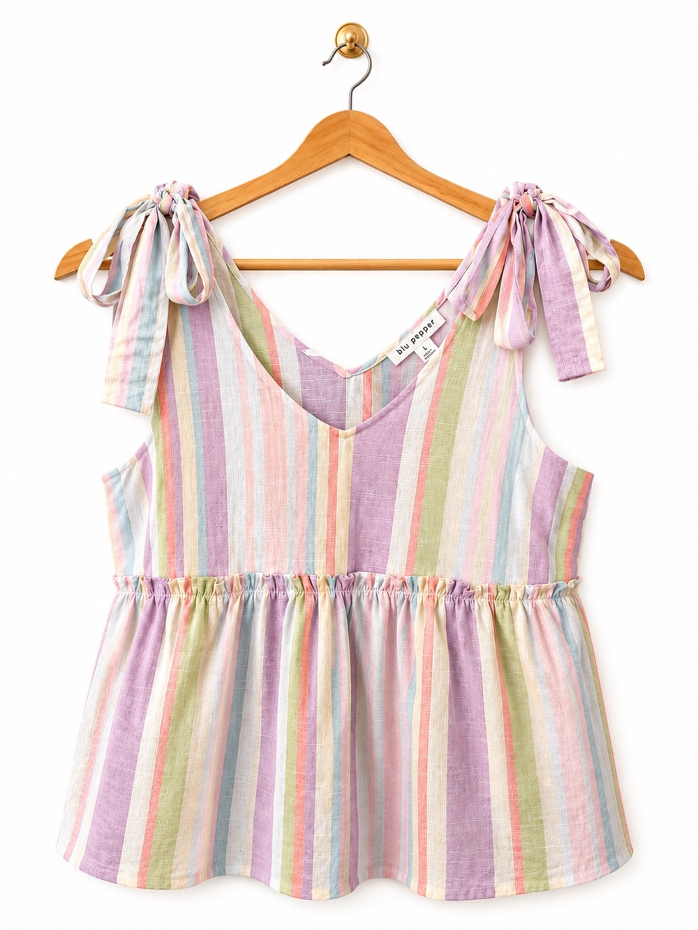 Blu Pepper Pastel Stripe Tie Shoulder Babydoll Boho Top Size Large
